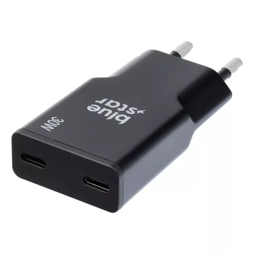 Blue Star Slim GaN hálózati töltő 2×USB-C QC4.0 PD 3A 30W TFK-SC-30WCC fekete
