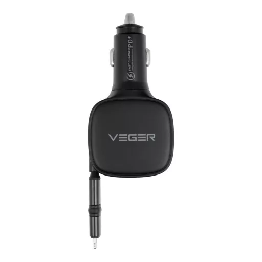 VEGER autós töltő USB-C + USB-C – Lightning kábel QC PD 84W CC89 fekete
