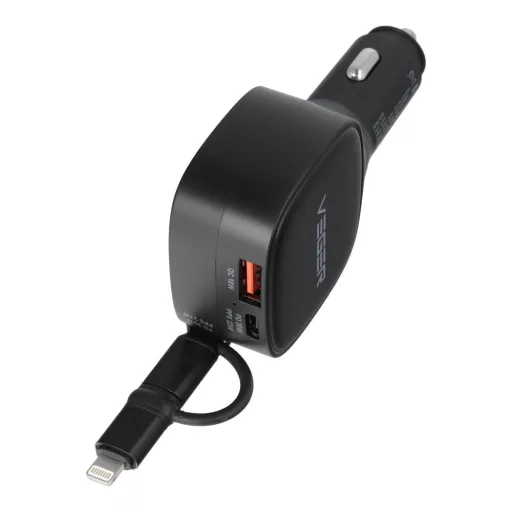 VEGER autós töltő USB-C + USB-C – Lightning kábel QC PD 84W CC89 fekete