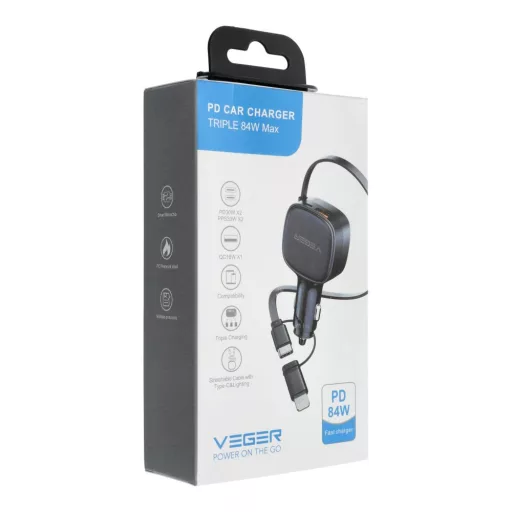 VEGER autós töltő USB-C + USB-C – Lightning kábel QC PD 84W CC89 fekete