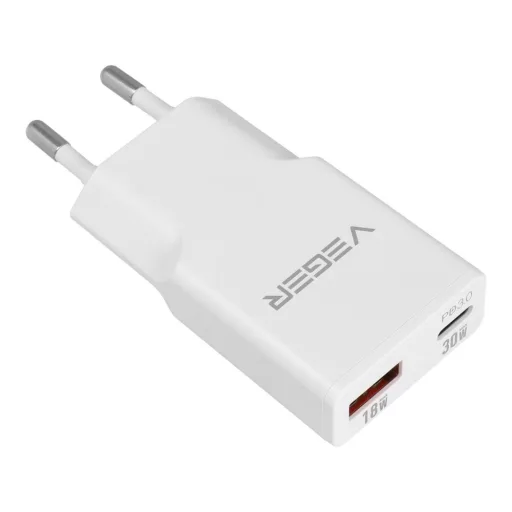 VEGER hálózati töltő USB-A + USB-C QC PD 30W 30W1A1C fehér