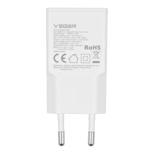 VEGER hálózati töltő USB-A + USB-C QC PD 30W 30W1A1C fehér