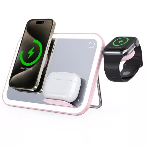 Forcell F-Energy Mag Mirror 3 az 1-ben vezeték nélküli töltő 15W MagSafe / Apple Watch / Samsung Watch / AirPods kompatibilis rózsaszín