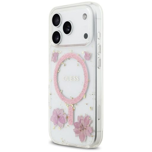 GUESS tok iPhone 17 Pro Magsafe kompatibilis GUHMP17LRBFGFGMP (Resin Flowers and Glitter) rózsaszín