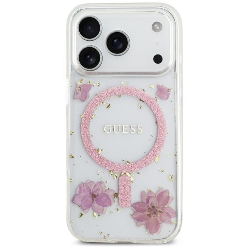 GUESS tok iPhone 17 Pro Magsafe kompatibilis GUHMP17LRBFGFGMP (Resin Flowers and Glitter) rózsaszín