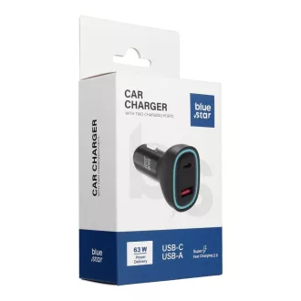   BLUE STAR autós töltő Type-C + USB-A PD QC3.0 AFC PPS SFC2.0 3A 63W fekete
