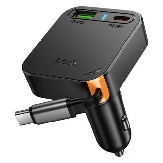   Hoco autós töltő visszahúzható kábellel 2×USB-C + USB-A QC PD 65W NZ18 fekete