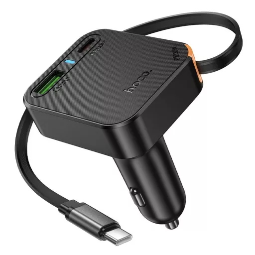 Hoco autós töltő visszahúzható kábellel 2×USB-C + USB-A QC PD 65W NZ18 fekete