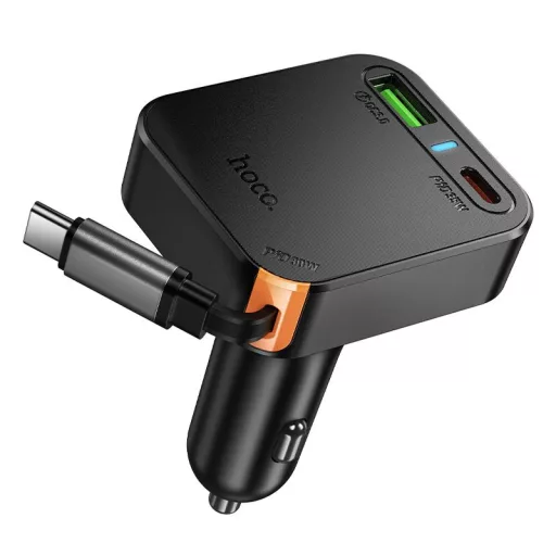 Hoco autós töltő visszahúzható kábellel 2×USB-C + USB-A QC PD 65W NZ18 fekete