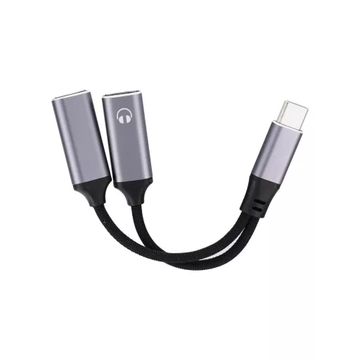 AUX adapter 2in1 Type-C (male) – Type-C (female) / Type-C (female) Blue Star fekete DAC max 25W