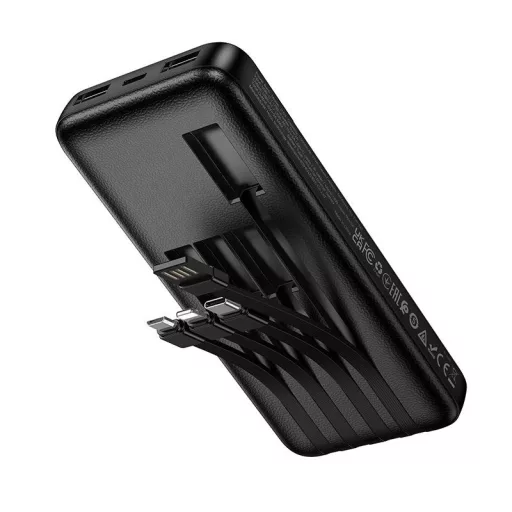 Hoco J163 powerbank 10000 mAh 2A, négy beépített kábellel: USB-A + USB-C + Lightning + Micro USB – fekete