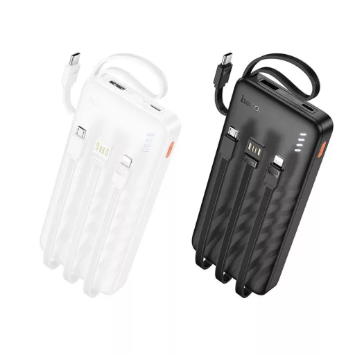 Hoco J146 powerbank 10000 mAh 2A, négy beépített kábellel: USB-A + USB-C + Lightning + Micro USB – fekete