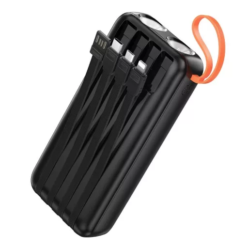 Hoco J151A powerbank 20000 mAh 2A, beépített USB-A + USB-C + Lightning + Micro USB kábelekkel és dupla lámpával – fekete