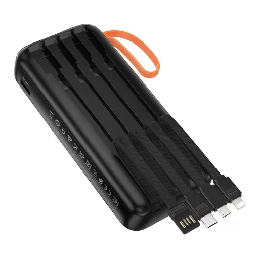 Hoco J151A powerbank 20000 mAh 2A, beépített USB-A + USB-C + Lightning + Micro USB kábelekkel és dupla lámpával – fekete