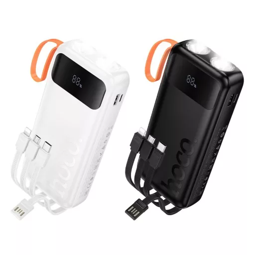 Hoco J151A powerbank 20000 mAh 2A, beépített USB-A + USB-C + Lightning + Micro USB kábelekkel és dupla lámpával – fekete