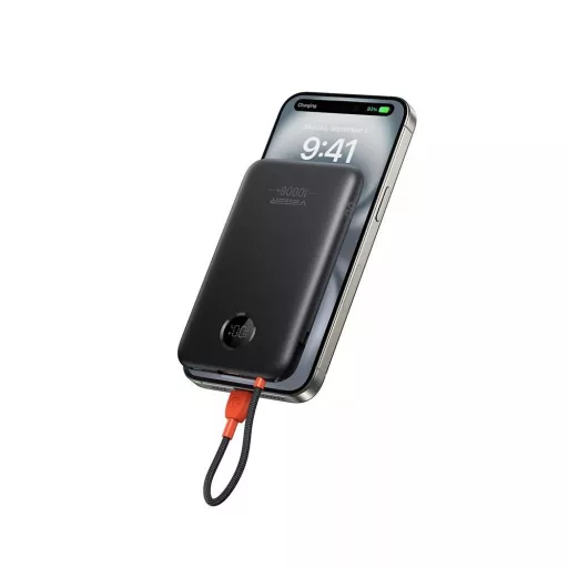 Veger powerbank beépített USB-C kábellel QC3.0 PD 2A 22,5W K1C W1189 10000 mAh fekete