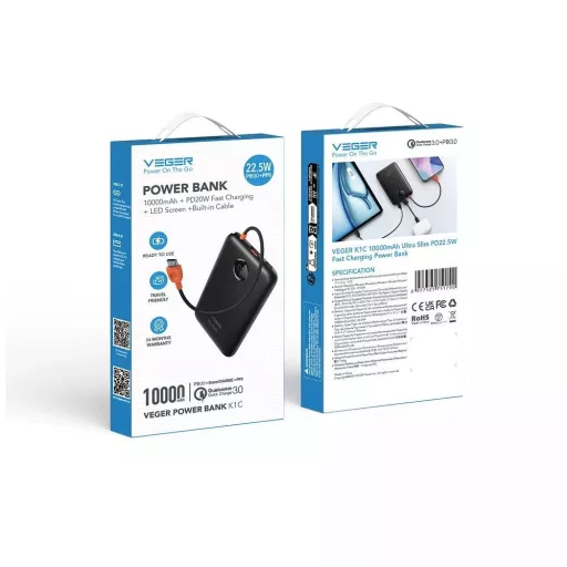 Veger powerbank beépített USB-C kábellel QC3.0 PD 2A 22,5W K1C W1189 10000 mAh fekete