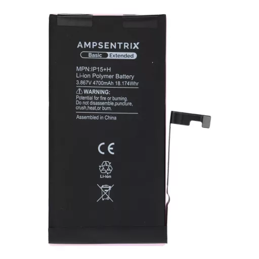 AmpSentrix Basic akkumulátor iPhone 15 Plus készülékhez (emelt kapacitás 4700 mAh)