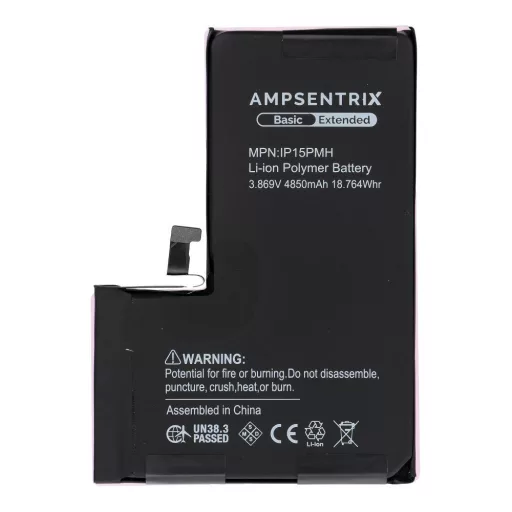 AmpSentrix Basic akkumulátor iPhone 15 Pro Max készülékhez (emelt kapacitás 4850 mAh)