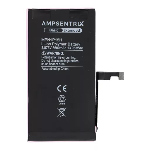 AmpSentrix Basic akkumulátor iPhone 15 készülékhez (emelt kapacitás 3600 mAh)