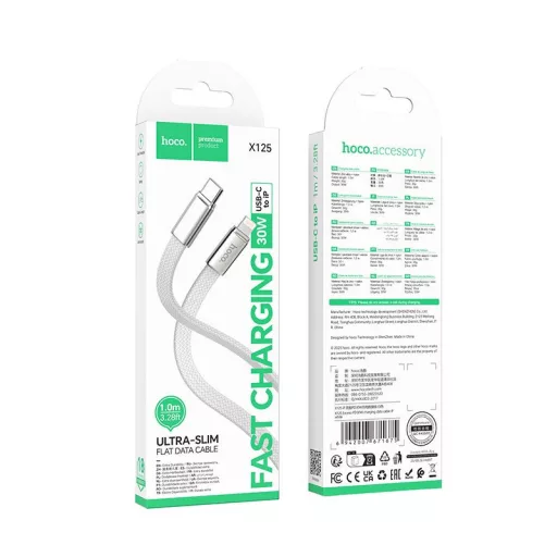 Hoco USB-C – Lightning töltőkábel X125 lapos PD 30W 1 m fehér