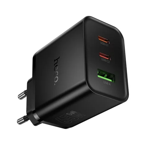 Hoco hálózati töltő 2×USB-C + USB-A QC3.0 PD 3A 65W N75 fekete