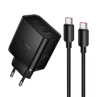   Hoco hálózati töltő 2×USB-C + USB-A QC3.0 PD 3A 65W + USB-C – USB-C kábel N75 fekete