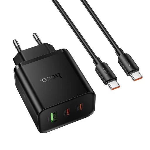 Hoco hálózati töltő 2×USB-C + USB-A QC3.0 PD 3A 65W + USB-C – USB-C kábel N75 fekete