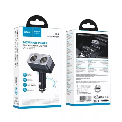 Autós töltő dupla szivargyújtó Hoco 2 port max 240W/24V Z65 fekete