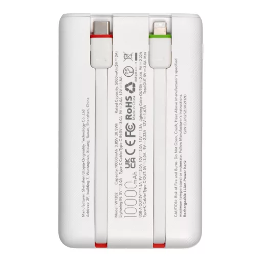 Charmast W1202 powerbank 10000 mAh PD3.0 3A 22,5W, beépített USB-C / Lightning kábelekkel – fehér