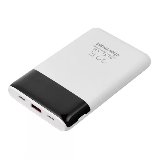 Charmast W1202 powerbank 10000 mAh PD3.0 3A 22,5W, beépített USB-C / Lightning kábelekkel – fehér