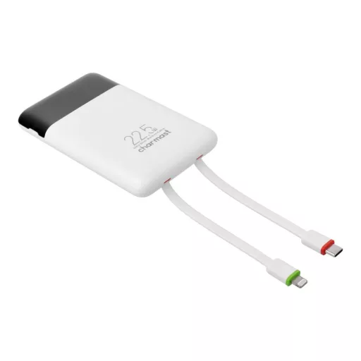 Charmast W1202 powerbank 10000 mAh PD3.0 3A 22,5W, beépített USB-C / Lightning kábelekkel – fehér