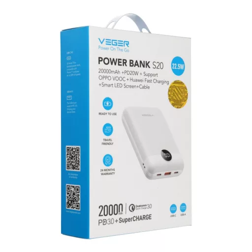 Veger S20 (W2081) powerbank 20000 mAh PD QC3.0 2A 22,5W – fehér