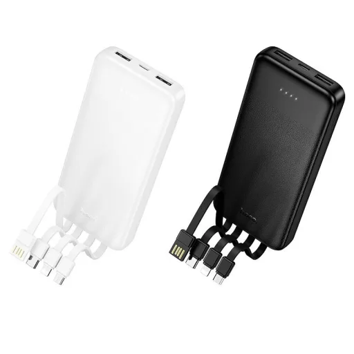 Hoco J163 powerbank 10000 mAh 2A, négy beépített kábellel: USB-A + USB-C + Lightning + Micro USB – fehér