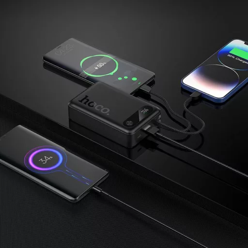 Hoco J171A powerbank 20000 mAh QC PD 2A 22,5W, beépített USB-C + Lightning kábelekkel – fekete